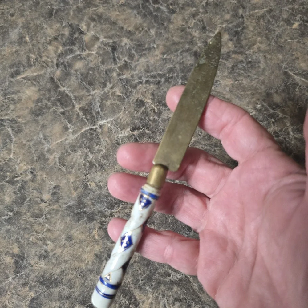 Antique Uchatius Bronce Germany Fruit Knife Blue White Porcelain Handle 6.5